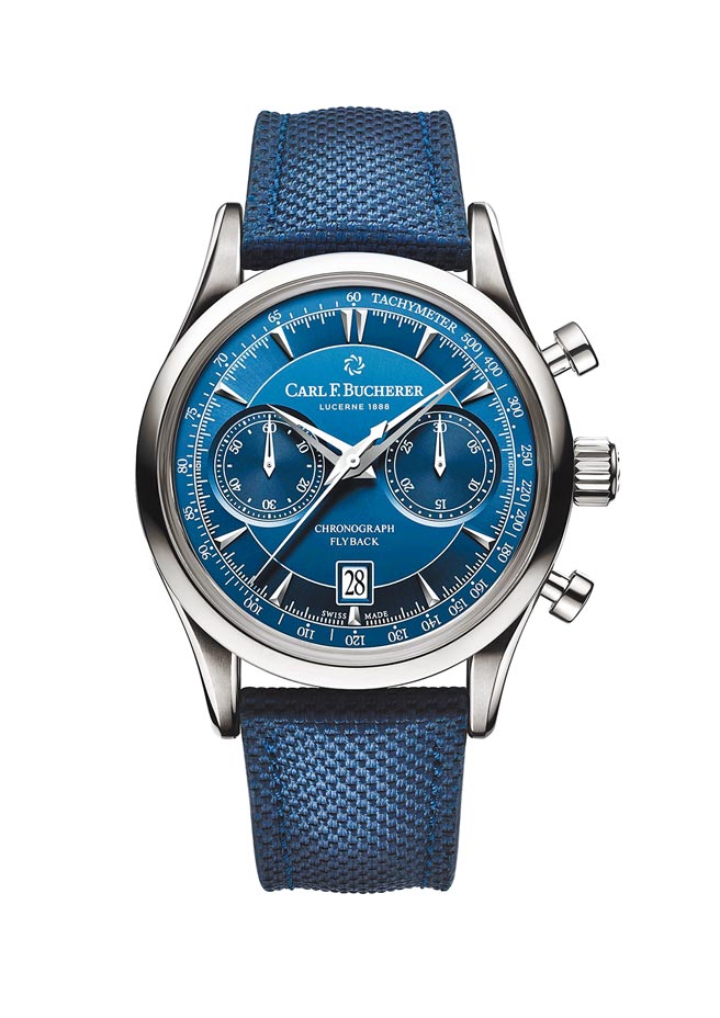 宝齐莱马利龙Manero Flyback飞返计时码表，蓝色编织表带款21万元。（ Carl F.Bucherer提供）