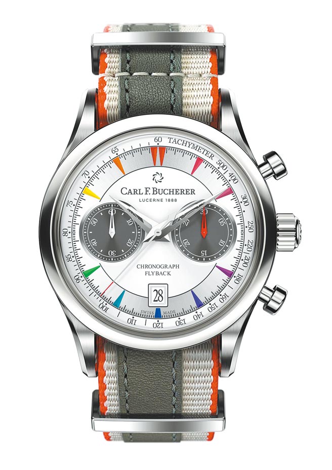 宝齐莱与瑞士笔具品牌Caran d’Ache跨界合作推出马利龙Manero Flyback Signature腕表，红灰色系帆布表带。（Carl F.Bucherer提供）