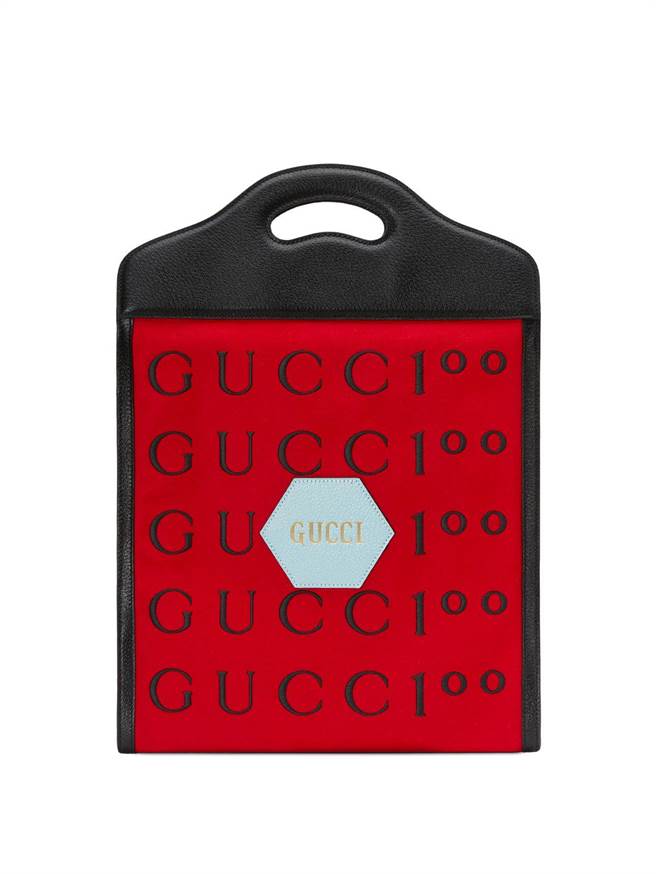 GUCCI百年庆Centennial红色Logo手拿肩背包，8万2100元。（GUCCI提供）