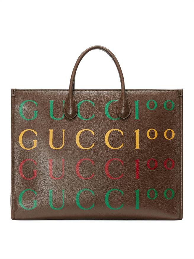 GUCCI百年庆Centennial棕色LOGO肩背手提包，8万3700元。（GUCCI提供）