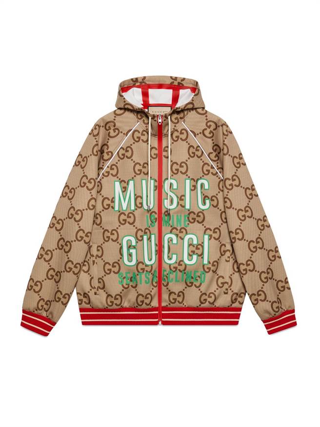GUCCI百年庆Centennial GG缇花连帽外套，背面有庆百年的「100」数字，6万9500元。（GUCCI提供）