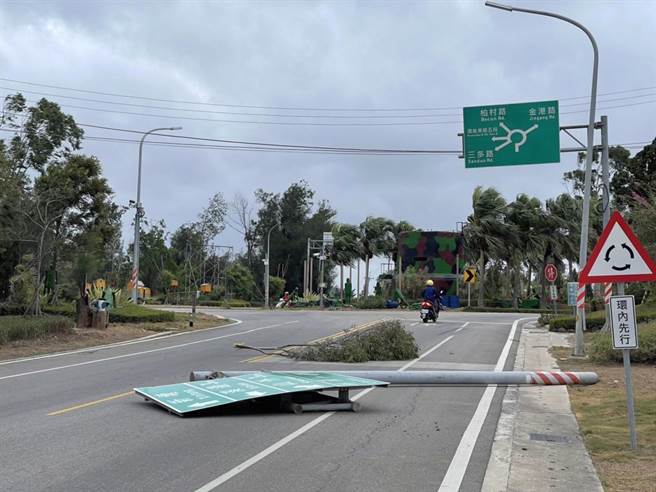 轻颱圆规来袭，全岛陆续传出树倒和招牌、路牌刮落情事之一。（柏村国小校长许雪芳提供）