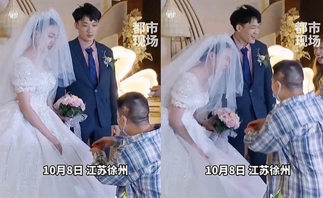伴郎上台送戒指，突然朝著新娘單膝下跪。（圖／翻攝自微博）