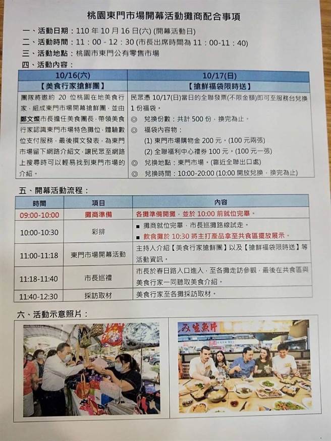桃園市東門市場預計10月16日開幕，豈料鄉親近日在社群媒體瘋傳的文宣，竟放上新北市前後任市長侯友宜和朱立倫照片，引爆綠營議員怒火。(蔡依珍攝)