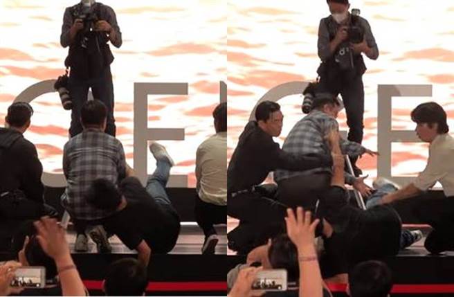 梁益準險跌下舞台，劉亞仁、朴正民敏捷救人。(圖／翻攝自Top Daily)

