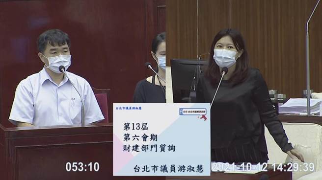 台北市议会今日排定财建部门质询，北市议员游淑慧就八大行业状况质询产发局。（摘自北市议会议场直播）