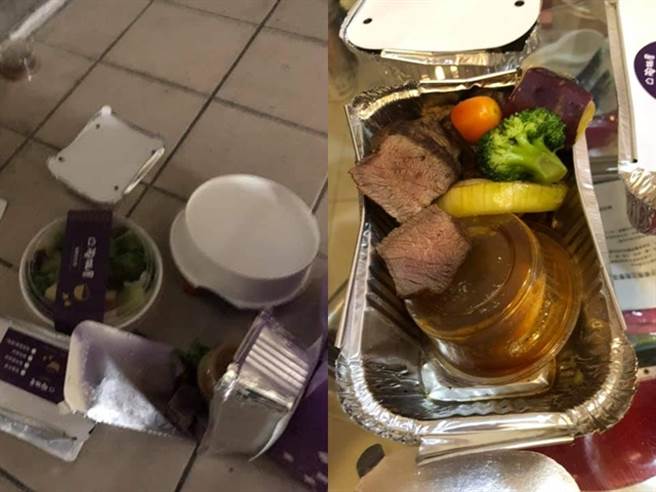 外送員將整份牛排餐點「放在地上」，且網友收到時發現包裝紙盒有多處破損凹陷、紙袋全濕掉，外送員還在電話中要他直接向客服反應。（翻攝自臉書「爆怨公社」）