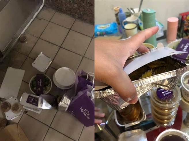 外送員將整份牛排餐點「放在地上」，且網友收到時發現包裝紙盒有多處破損凹陷、紙袋全濕掉，外送員還在電話中要他直接向客服反應。（翻攝自臉書「爆怨公社」）