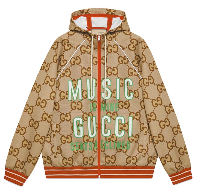 GUCCI百年庆Centennial GG缇花连帽外套，背面有庆百年的「100」数字，6万9500元。（GUCCI提供）