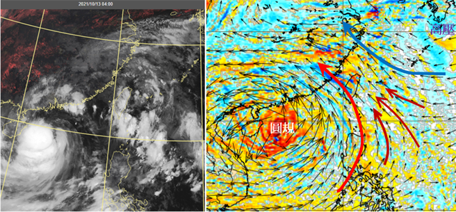 最新卫星云图(左图)显示，「圆规」外围环流(原季风低压环流)与太平洋高压边缘形成的云带，仍影响台湾天气。最新欧洲(ECMWF)模式模拟今天8时700百帕风场图(右图)，「圆规」外围环流与太平洋高压风场形成辐合带，有利对流云在其中消长。(翻摄自「三立准气象· 老大泄天机」)

