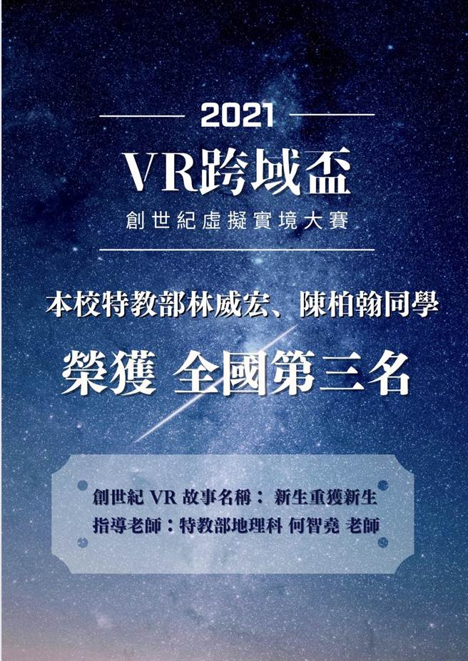 彰化國立和美實驗學校特教國中部林威宏、陳柏翰，以「新生重獲新生」為題，參加「2021年VR跨域盃創世紀虛擬實境大賽」在一般生競爭激烈中，獲得全國第三名。（和美實驗學校提供／吳敏菁彰化傳真）