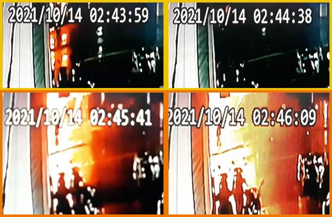 高雄市鹽埕區府北路城中城社區大樓14日凌晨發生火災，透過監視器畫面（時間先後為，左至右，上至下）可見，從閃燃小火光到全面燃燒，不到一分鐘。（合成圖，翻攝照片／石秀華高雄傳真）