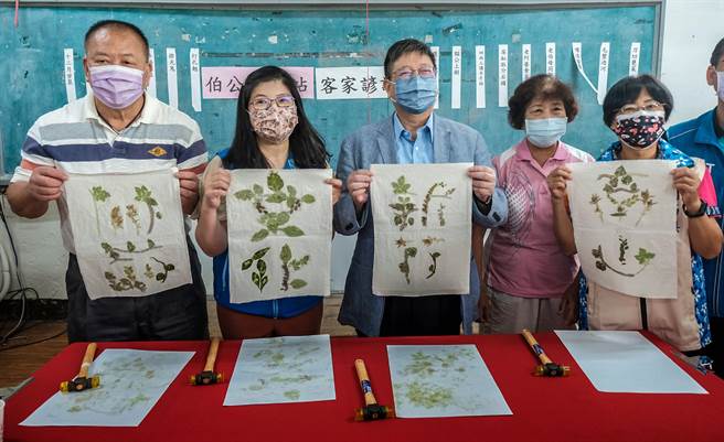 縣長楊文科用鐵槌敲擊製作植物染，作品分別是「新竹」、「文化」、「關西」及「南山」。（羅浚濱攝）