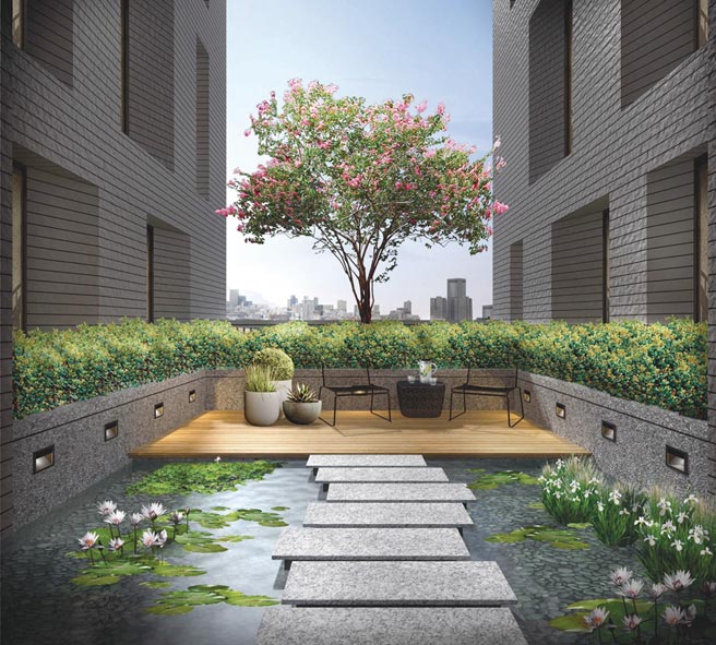 「新业大块森邻」在2021年建筑业界年度盛事–国家卓越建设奖中，从200多件作品皆经业界先进及专家严谨评选，以「最佳规划设计类」荣获「卓越奖」最高荣誉，图为该案错层大露臺，四季合院的3D示意图。图／业者提供