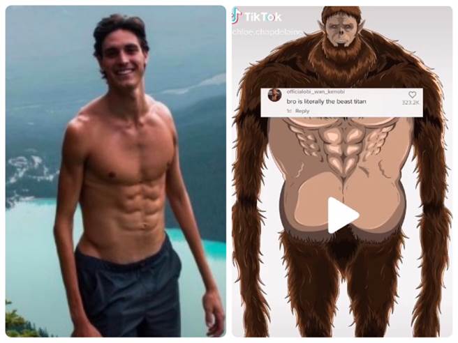 正妹哭诉男友只练腹肌，健身成果曝光，让网友惊呼好像「兽之巨人」。（图／翻摄自抖音） 