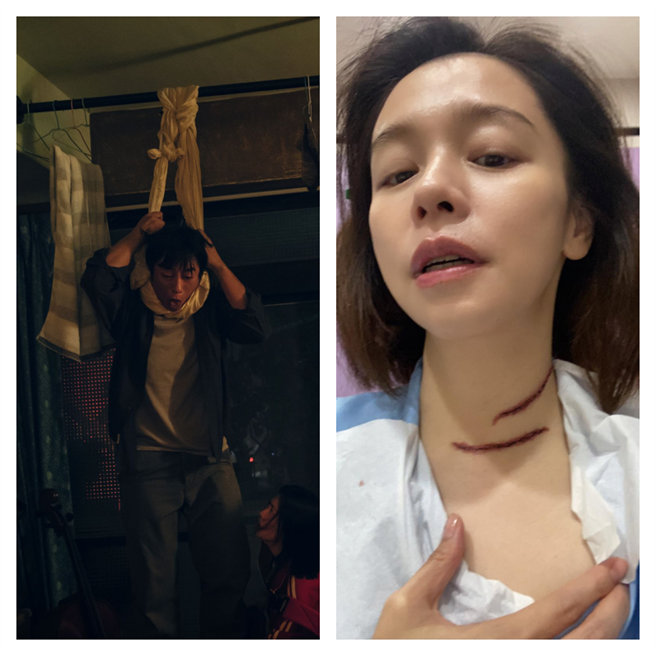 化妆师把徐若瑄的脸色画白加上脖子三道深刻的伤口，花4小时化特殊妆。（HBO GO提供）