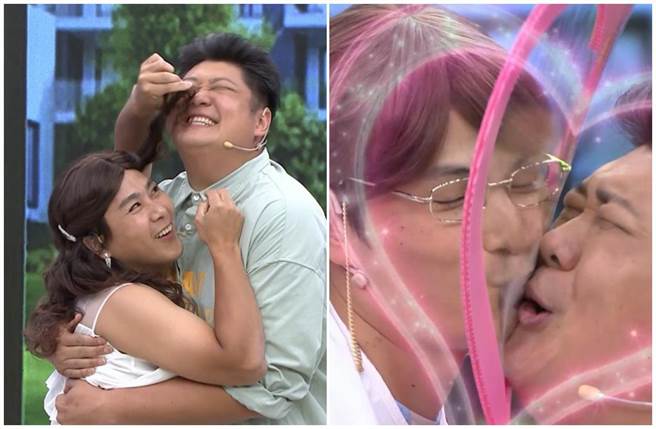 哈孝远拥抱王仁甫反串的「王美女」，也与孙协志扮演的「孙老师」安全之吻。（民视提供）