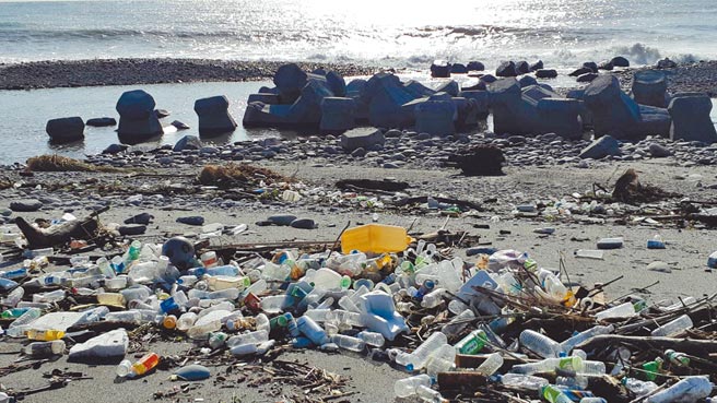 台东太平溪出海口出现大量宝特瓶，部分密集、部分散落，蔓延约2公里。（蔡旻妤摄）