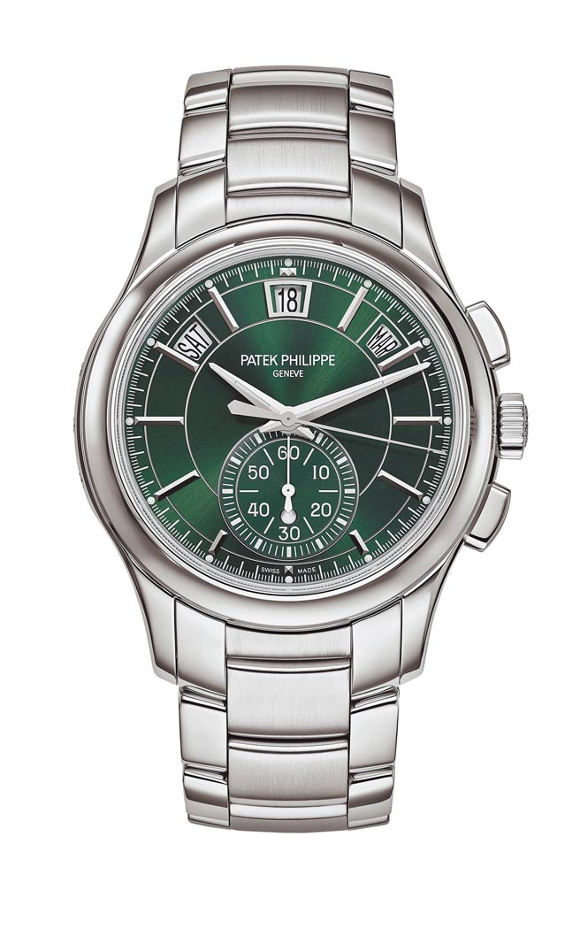 百達翡麗型號5905/1A-001精鋼自動飛返計時秒年曆腕表，172萬5000元。（百達翡麗提供）