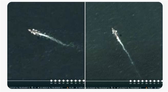 私人遥测卫星拍摄到通过台湾海峡的杜威号与温尼伯号。(图/SCS Probing Initiative)