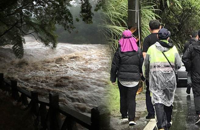 新北市雙溪區虎豹潭16日溪水暴漲沖走多人，圖右為17日上午尋獲陳男遺體，妻子得知消息，立即趕往現場指認。（合成圖/資料照）

