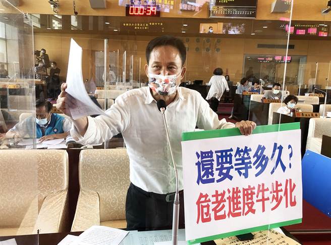 市议员张耀中说，危老审查营建署订下60天完成的规定，台中审查牛步化严重塞车。(陈世宗摄)