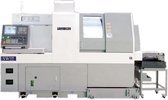 威亚公司SW-528系列CNC走心、走刀互换车床，最大加工直径达50.8mm，拥有高刚性、高速精准的特性，经测试与德、日品牌同型机相较毫不逊色。图／昶鋐精密提供
