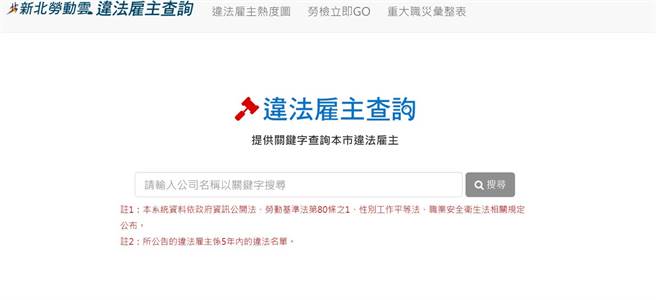 新北市劳工局已将违规雇主名单匯入「新北劳动云」的「违法雇主查询」专区供民眾查询。（撷取自网路）