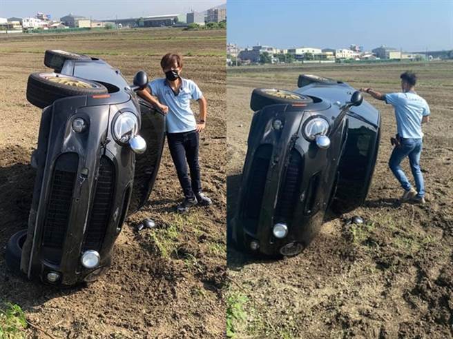 車主後來自行從副駕駛座爬出，之後甚至坐在路邊先處理工作，事後在臉書報平安，笑說「田中站就到了！我已經把傷害降到零了」。（翻攝自臉書「爆廢公社二館」）