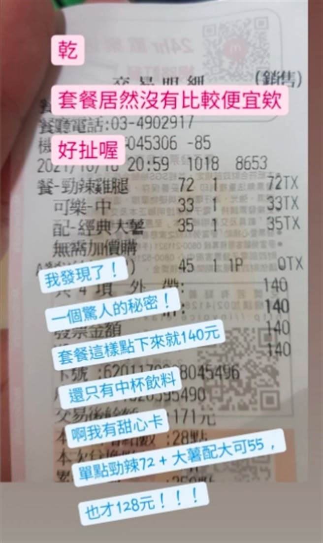 有网友发现惊人事实，麦当劳点套餐竟然比用「甜心卡」单点还来得贵，更有员工证实的确如此。(摘自Dcard)