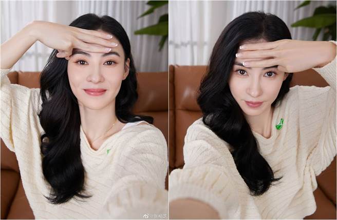张柏芝三只手指放在额头上，结果是髮际线偏低。（图／取材自张柏芝微博）