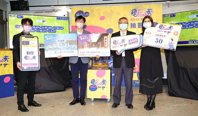 艺FUN券第二周抽籤记者会20日在台北举行，文化部文创发展司司长江清松（右2）、台南市政府文化局长叶泽山（左2）、高雄市政府文化局长王文翠（右1）等人出席，进行数位与纸本艺FUN券的抽奖。（陈信翰摄）
