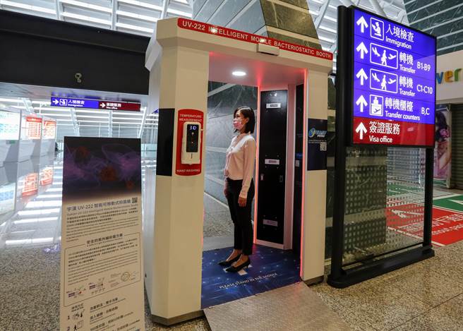 抑菌舱利用222nm紫外光波长特性，不会对人体造成伤害，又可快速抑制人体表面及空气中病毒与细菌的活性，能够有效防范入境旅客接触感染、强化国门防疫，落实国门科技防疫量能。（陈麒全摄）