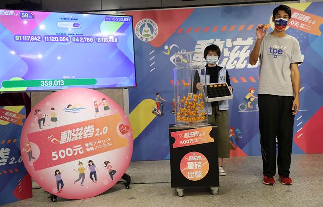 體育署21日舉行動滋券2.0第二波抽籤，受邀的跆拳道男神劉威廷（見圖）抽出幸運號碼，總共有50萬386人中籤。（劉宗龍攝）