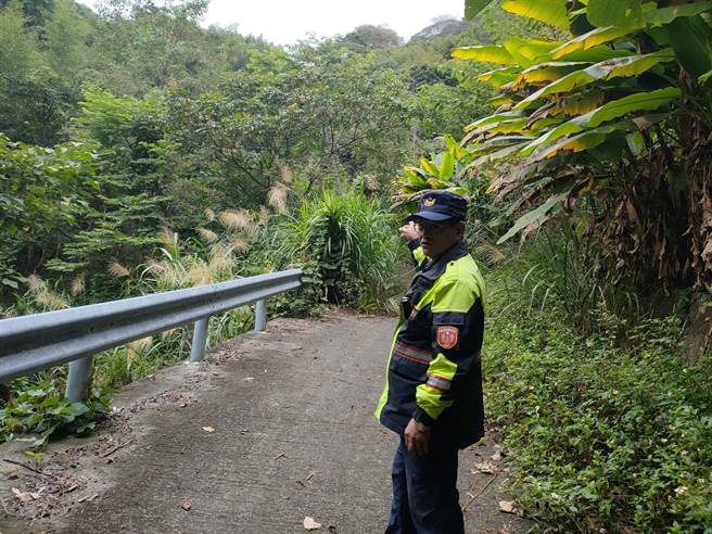 苗栗县南庄乡东河村鹿场部落内通往日警纪念碑的步道出现1个大型虎头蜂窝，陆家所长高耀芳前往查看。（头份警分局提供／谢明俊苗栗传真）