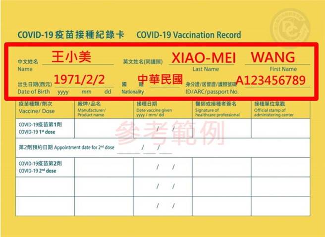 COVID-19疫苗接种纪录卡（俗称黄卡）。（南投县政府提供／廖志晃南投传真）