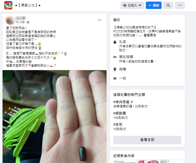 有网友分享，她才刚开箱新雨伞，就发现里头掉出一颗货真价实的「蟑螂蛋」。（翻摄自脸书社团《爆废公社》）