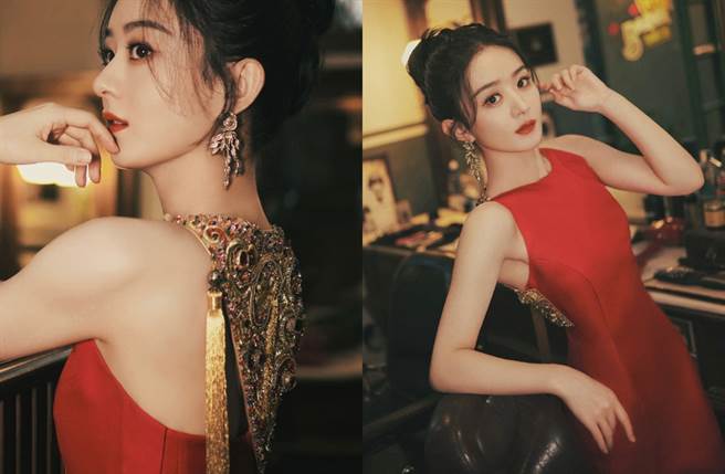 趙麗穎露出美背和側乳。（圖／翻攝自趙麗穎工作室微博）