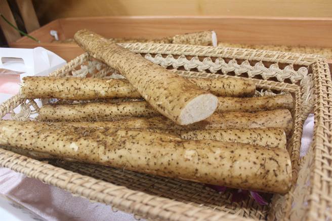 瑞芳地区农会山药产销班班长叶俊郎指出，山药选购不一定挑大，挑切口纤维细腻的口感较Q。（陈慰慈摄）