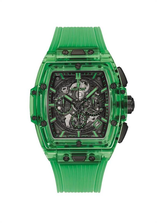 宇舶表SPIRIT OF BIG BANG SAXEM绿色蓝宝石计时码表，全球限量100只，395万7000元。（HUBLOT提供）