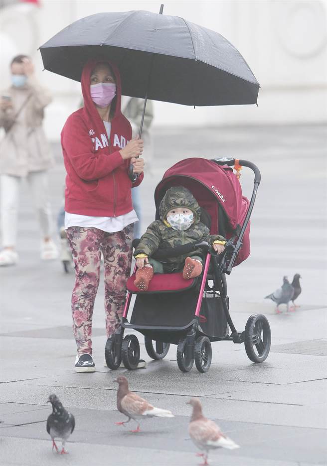 傍晚时分，一位家长穿着厚重衣物带着小朋友至自由广场观看鸽群。(陈怡诚摄)
