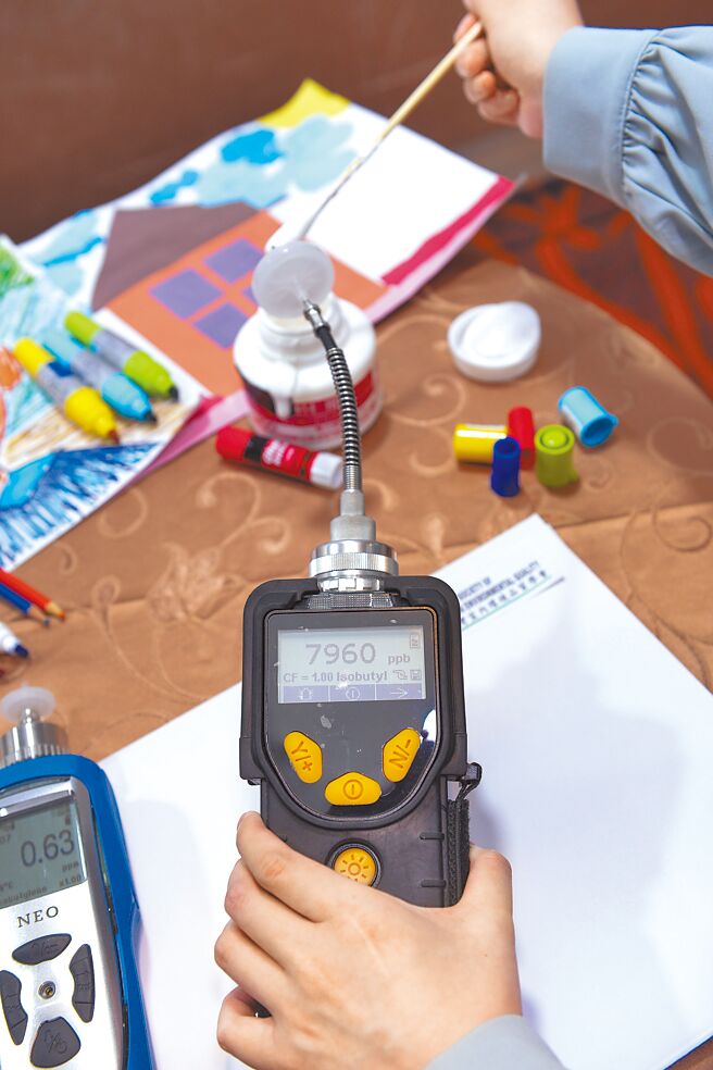 研究团队现场实测常见孩童使用到的文具例如白胶，挥发性有机物溢散程度相当超标。（王德为摄）