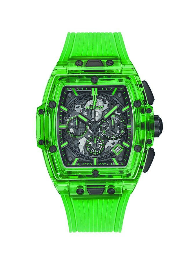 宇舶表SPIRIT OF BIG BANG SAXEM绿色蓝宝石计时码表，全球限量100只，395万7000元。（HUBLOT提供）