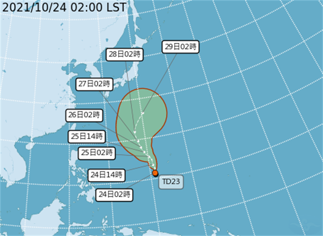 菲律宾东方海面的热带性低气压TD23最快今晚成颱，往北朝日本东方海面前进，对台无影响。(翻摄自气象局)