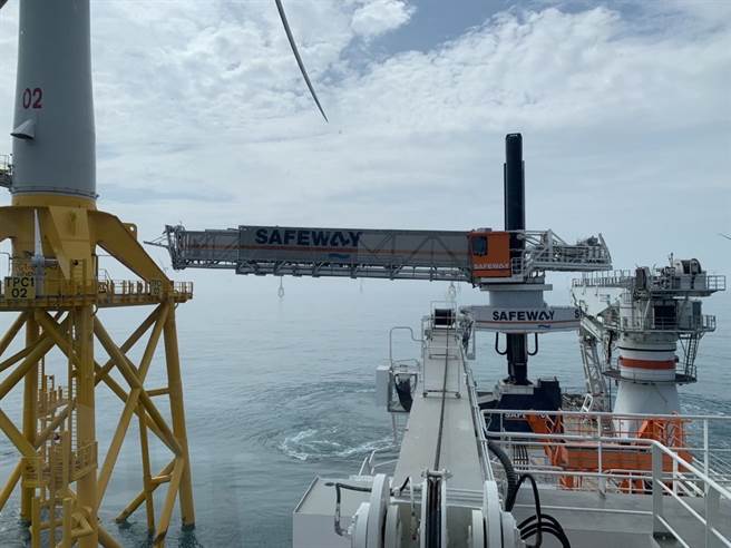 东方风能公司引进造价上亿元的空桥，让离岸风场工作人员能走空桥上班，安全更有保障。(东方风能提供／林欣仪台中传真)