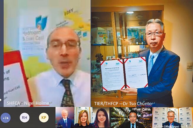 台英氢能论坛由苏格兰氢能与燃料电池协会执行长Nigel Holmes （上左）与台湾氢能与燃料电池伙伴联盟召集人左峻德博士（上右）签署MOU。（台湾氢能与燃料电池伙伴联盟提供）