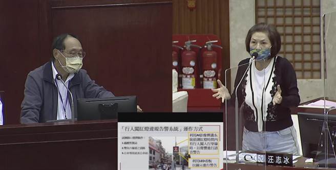北市议员汪志冰（右）25日质询指出，北市行人违规6年来，平均每年1.1万件，近2年增加近3倍。（摘自北市议会直播／张颖齐台北传真）