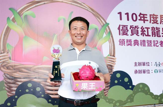 果农洪兆濡囊括屏东县首届火龙果评鑑赛冠军及果王，成为赛事最大赢家。（林和生摄）