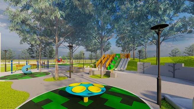 台中市建設局推動「台中美樂地計畫」，將於12座共融公園推出不同風格，圖為民俗公園改善後模擬圖。（台中市府提供／盧金足台中傳真）