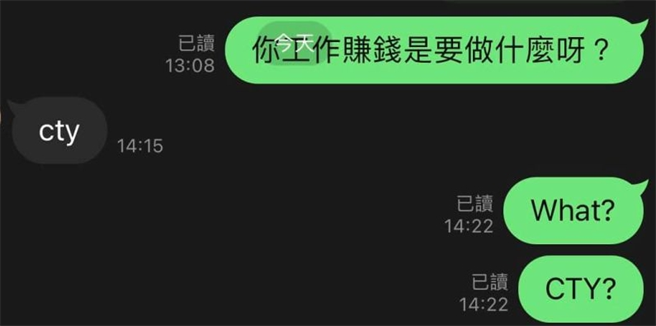 网友PO出与友人的LINE对话截图，询问「CTY」是什么意思？(图/截自脸书爆废公社)